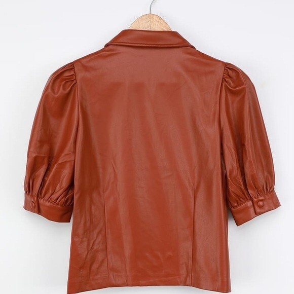 Lulus Making Impressions Brown Vegan Leather Puff Sleeve Top XS NWOT - Picture 3 of 12